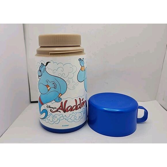 Vintage 1992 Disney Aladdin Genie 8 Oz Thermos with Both Lids 6.75" Blue Retro - Picture 1 of 8